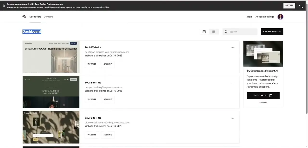 The Squarespace dashboard listing existing sites, with a Blueprint AI shortcut on the right for generating a new site design.