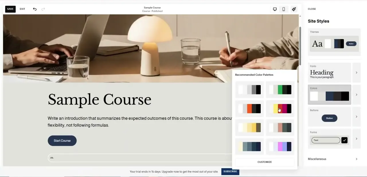The course page editor with Site Styles open, previewing recommended color palettes against the Sample Course title and Start Course button.