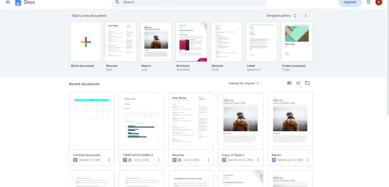 The Google Docs home screen, with Blank document and a row of general-purpose starter templates above your recent files.