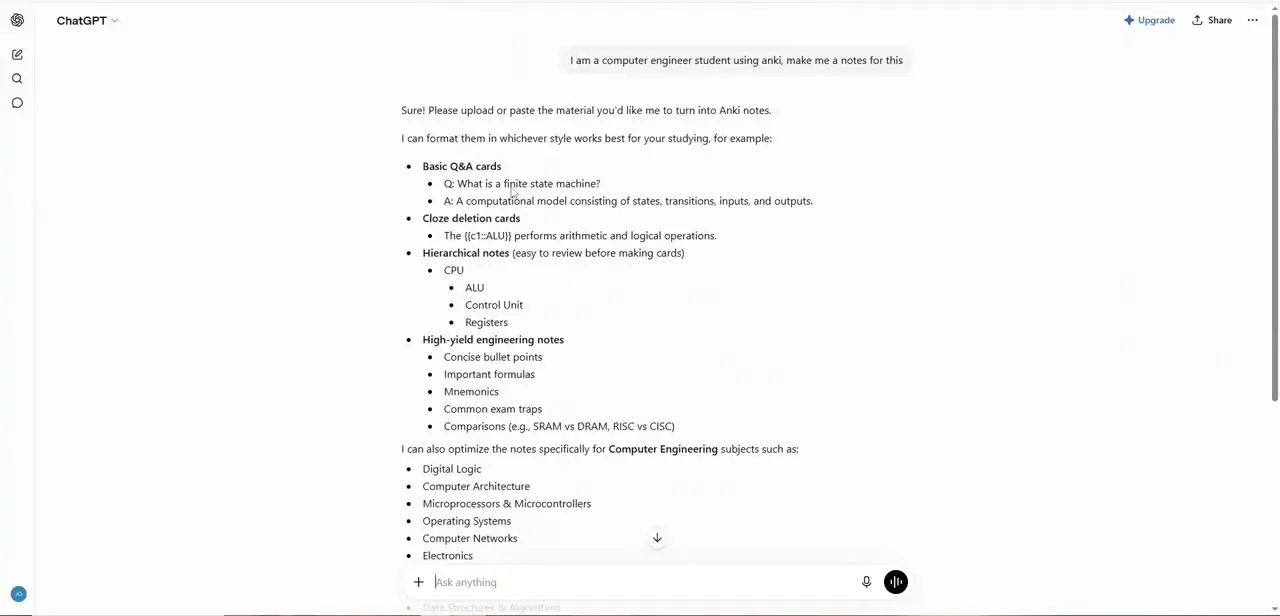 ChatGPT responding to a request for Anki notes with the available formats — basic Q&A, cloze deletion, hierarchical notes, and high-yield bullet points — plus a list of subjects it can tailor them to.