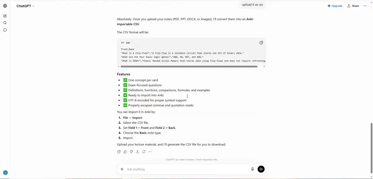 The generated CSV with a Front/Back header, a features checklist ChatGPT applied to the cards, and the exact steps for importing it into Anki.