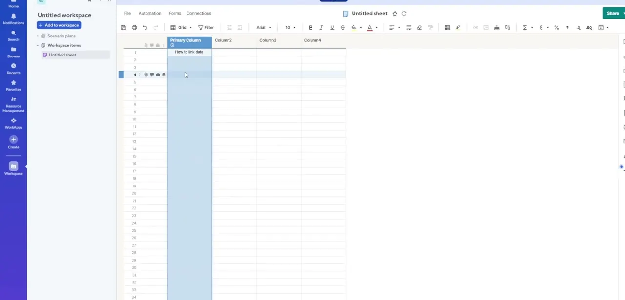 A destination sheet with its Primary Column labeled, ready to receive linked data from another sheet.