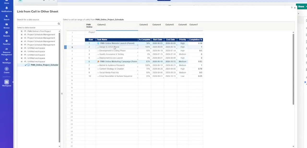 The Link from Cell in Other Sheet wizard, with the source sheet's directory on the left and a live data preview, including task names and completion percentages, on the right.