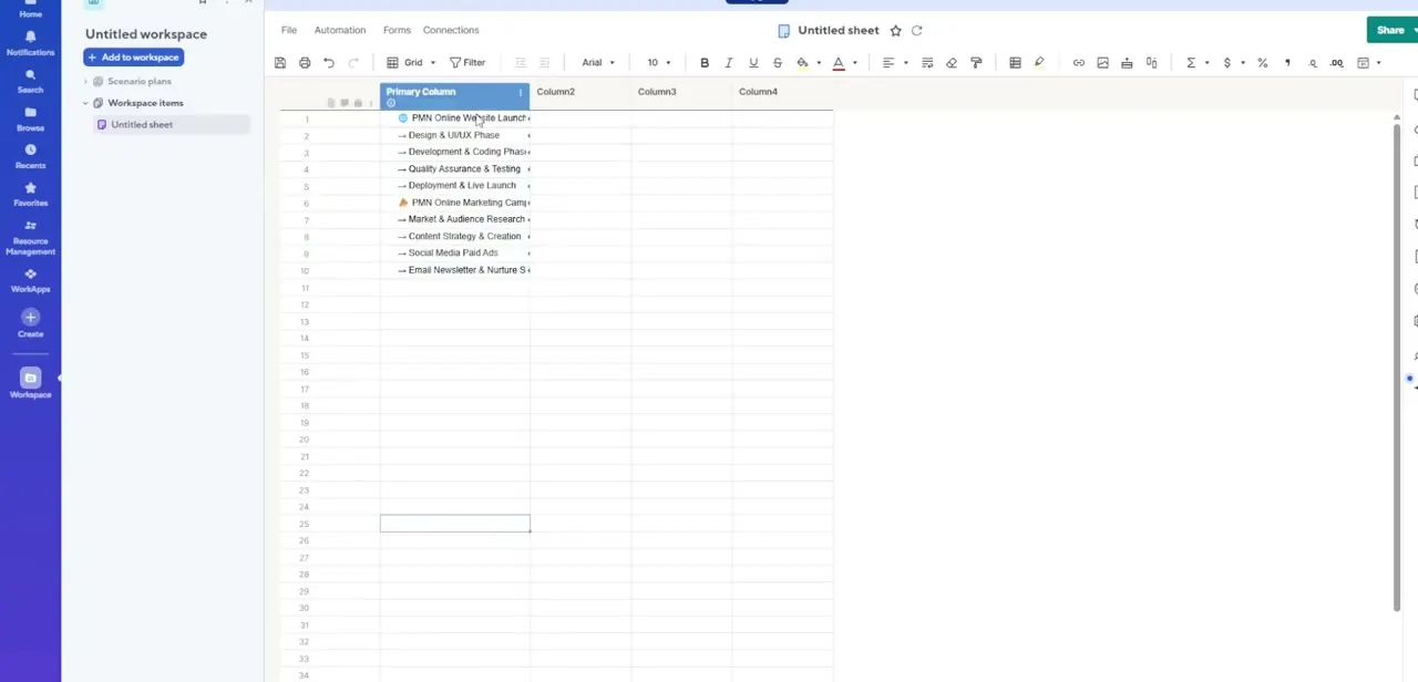 The destination sheet after linking, showing task names pulled in from the source schedule with link indicators next to each row.