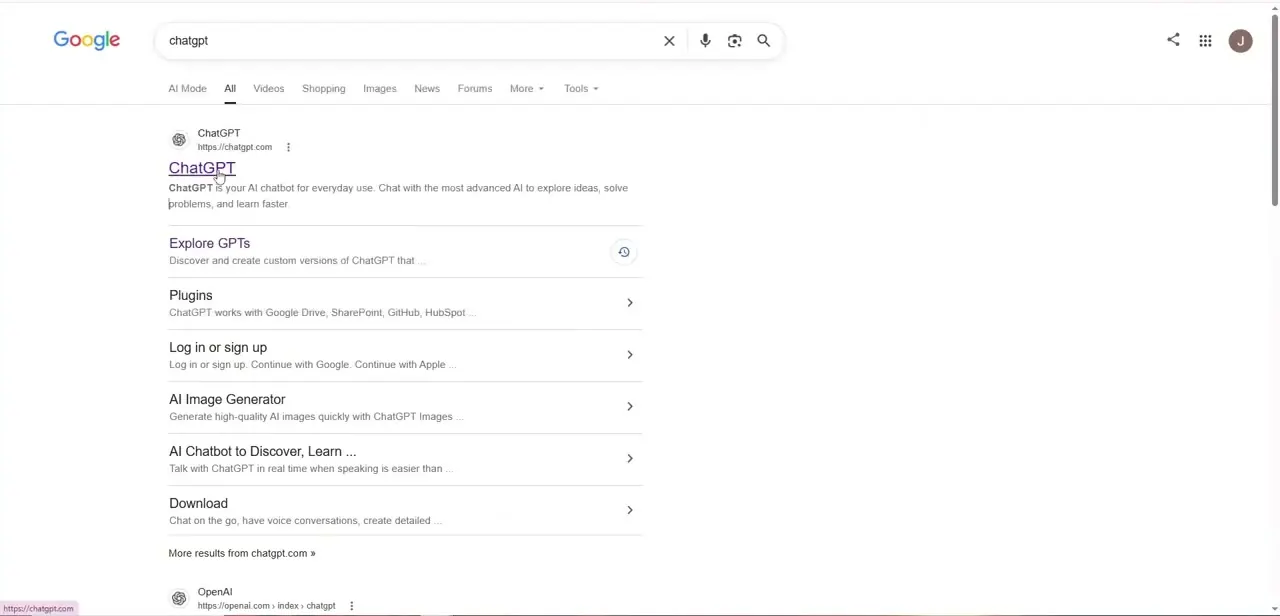 A Google search for "chatgpt," with the official site and a direct "Log in or sign up" link among the results.