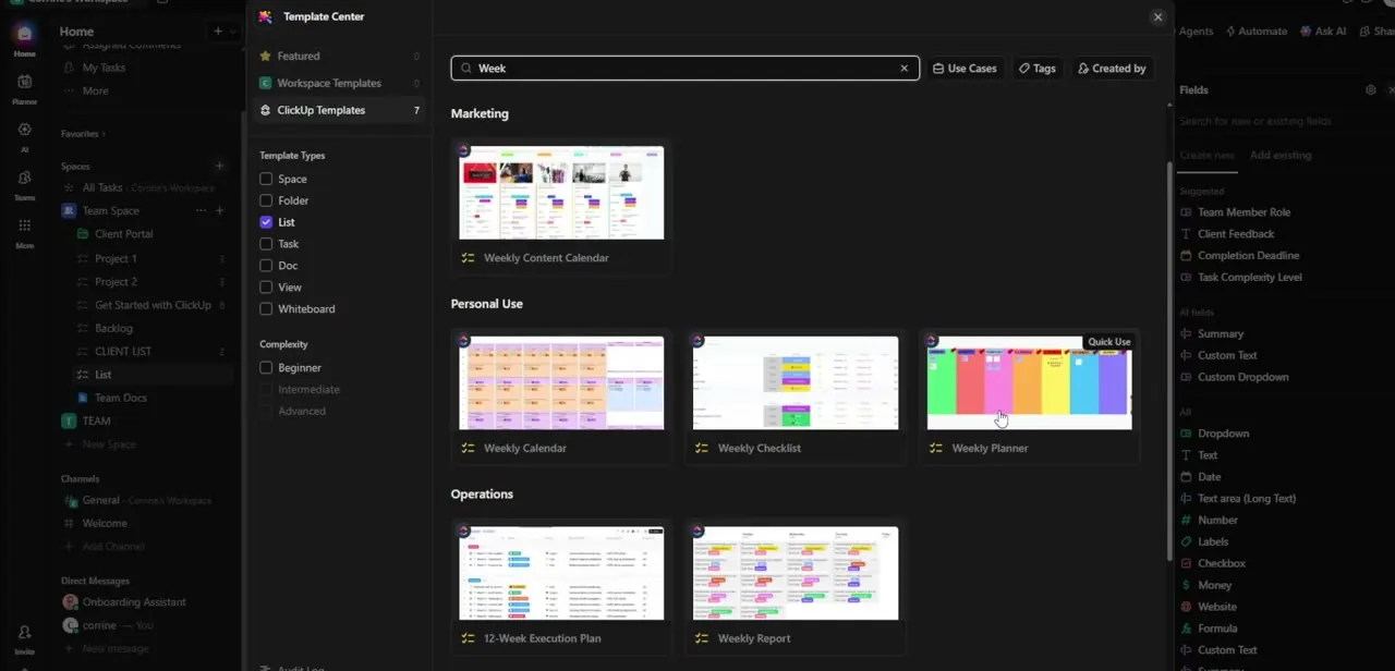 Searching "week" in the Template Center surfaces the Weekly Planner template under Personal Use, alongside a Weekly Calendar and Weekly Checklist.