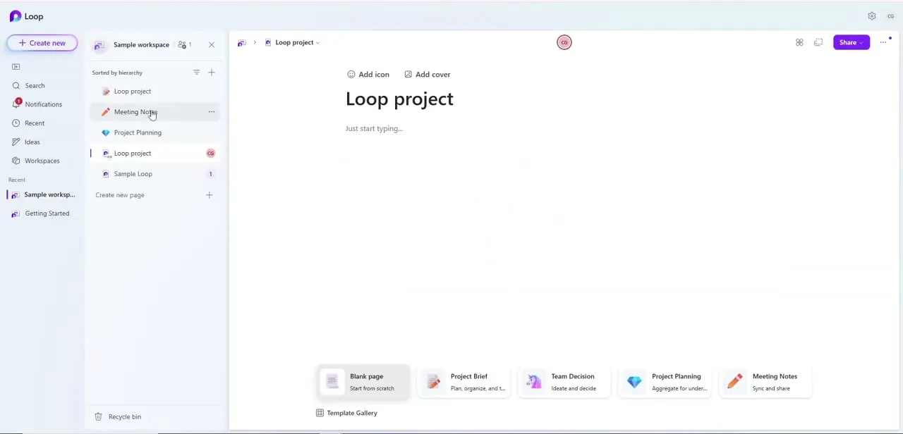 The Loop workspace sidebar and a blank page canvas, with Add icon and Add cover options above the title and a template picker along the bottom.