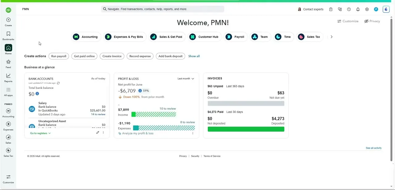 The QuickBooks Online homepage, the account you'll be authorizing HubSpot to connect to.
