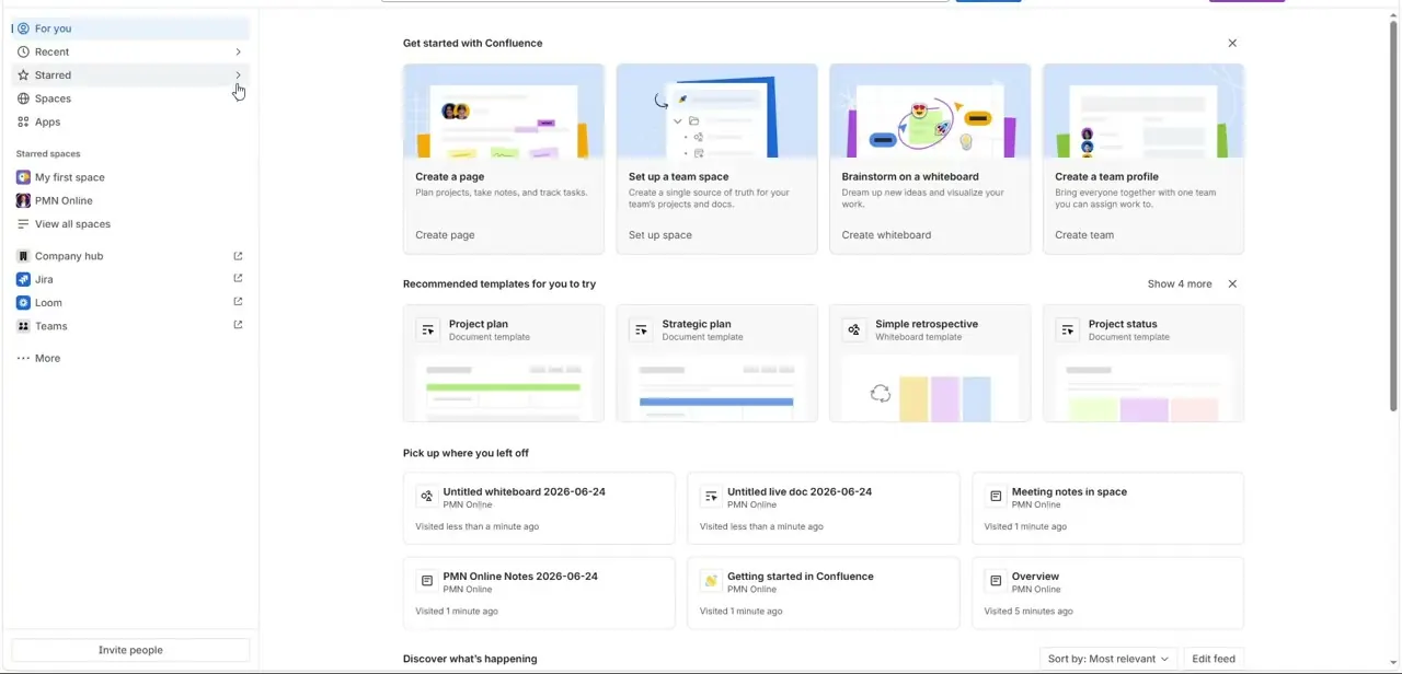 The "For you" home screen, with a Create page card alongside quick-start options for spaces, whiteboards, and team profiles.