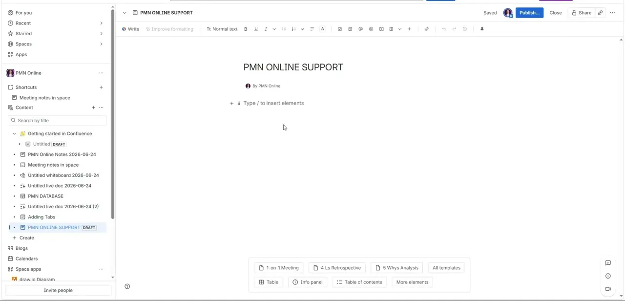 The page renamed to "PMN Online Support," with the body still empty and ready for the first block of content.