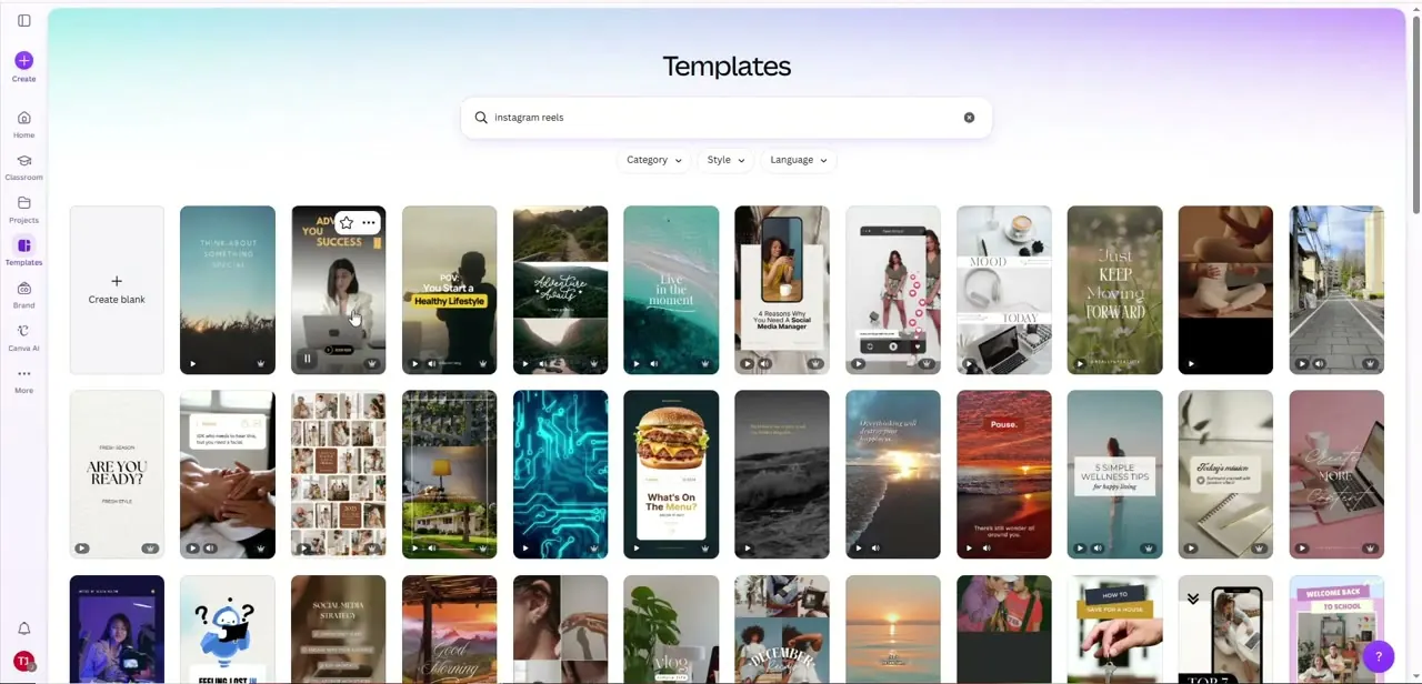 Canva's Templates panel filtered to "instagram reels," showing a grid of vertical video templates with play previews.