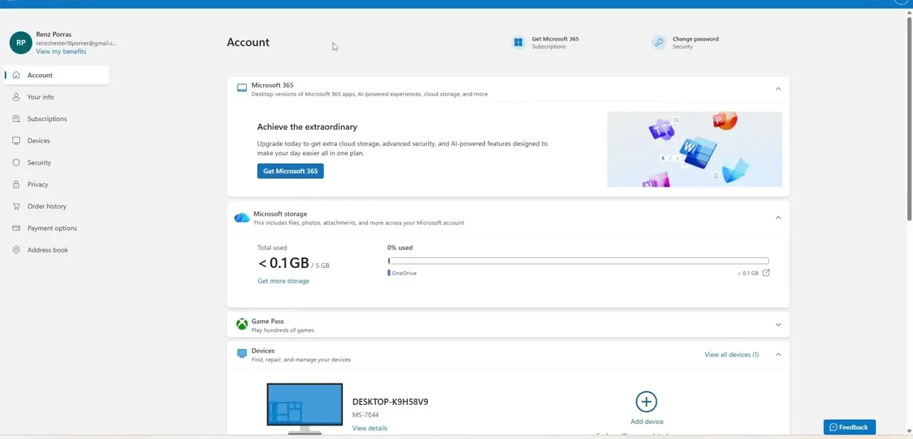The Microsoft account overview page, reached from Teams' profile menu. Your info is the section that actually controls your display name.