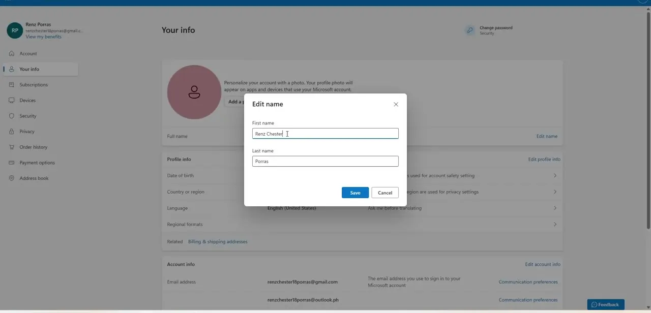 The Edit name dialog, with separate First name and Last name fields. Saving here updates the account, not just the Teams app.