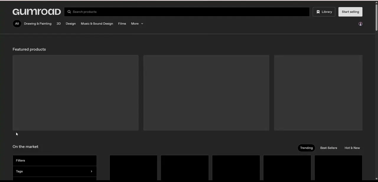 Gumroad's Discover marketplace, with category tabs across the top and filters for tags, price, and rating down the left side.