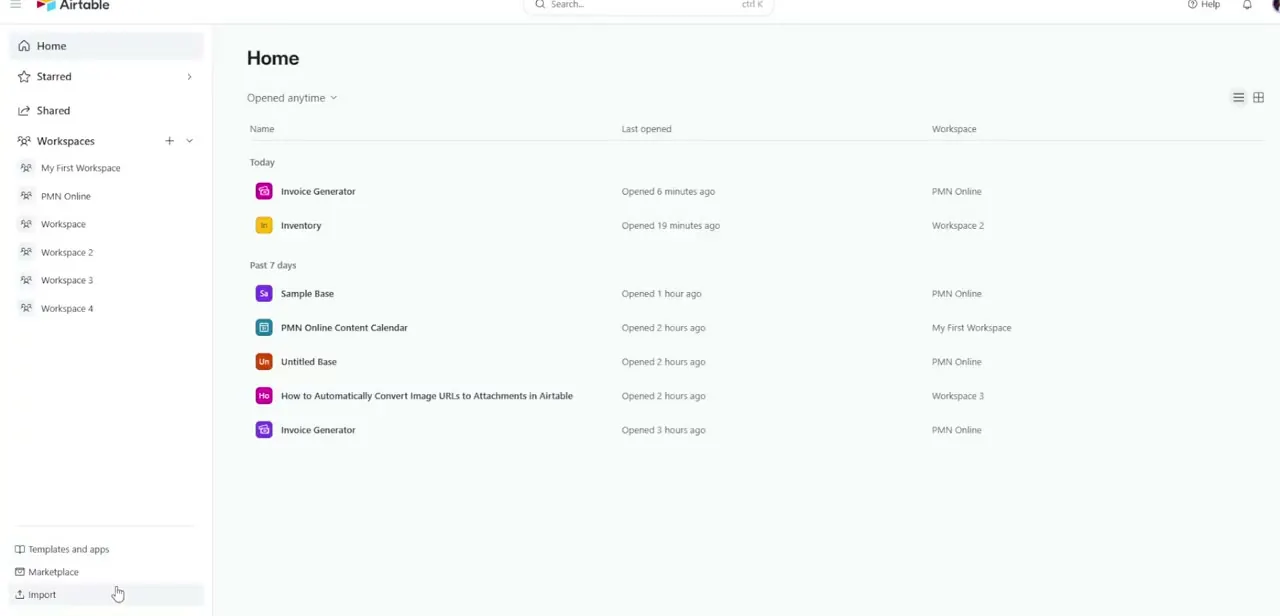 Airtable's Home screen, listing recently opened bases grouped by when they were last touched and which workspace they belong to.