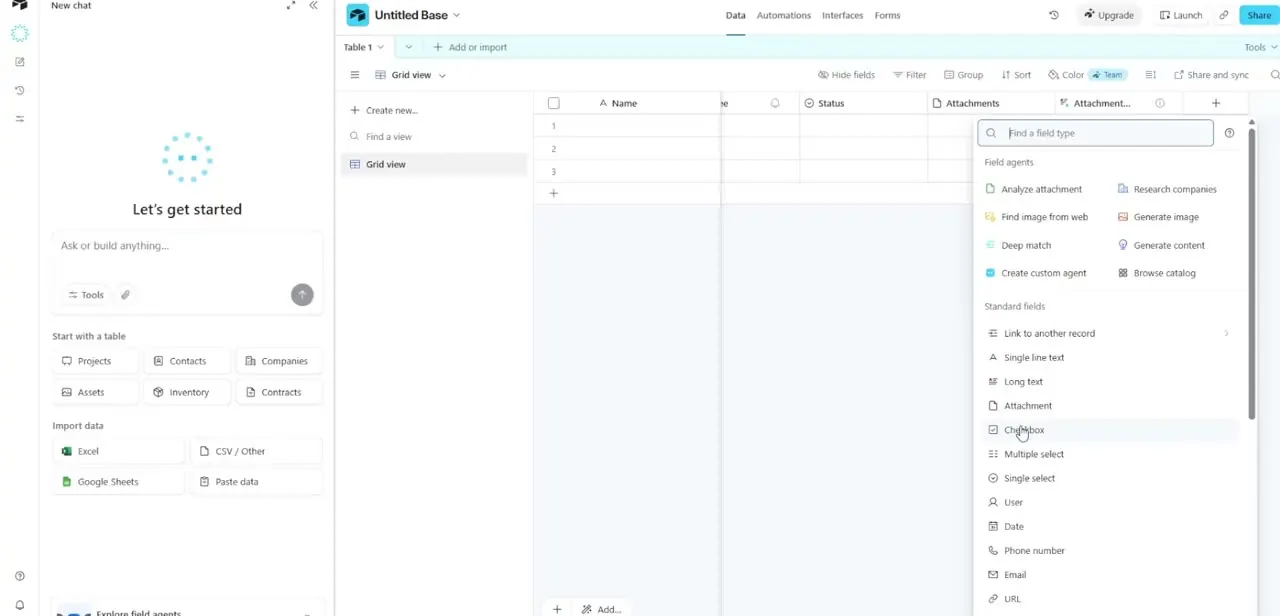 The new-field panel, showing the field type search box and the standard field list — Single line text, Attachment, Checkbox, Single select, Date, and more.