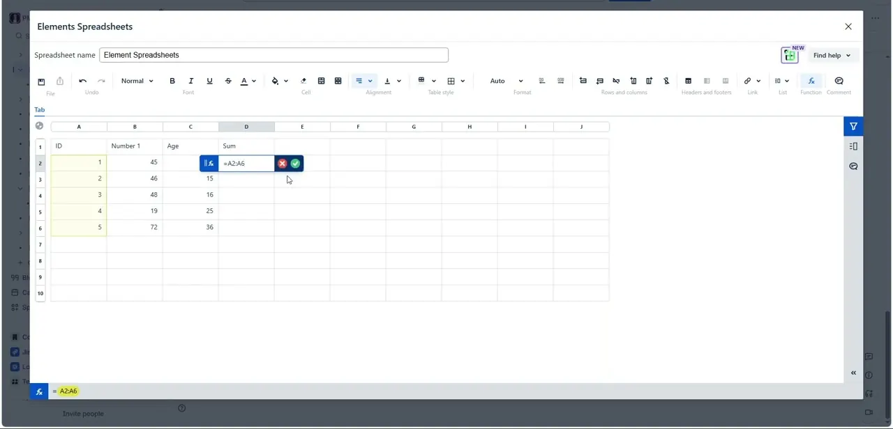 A sum formula referencing the range A2:A6, with confirm and cancel buttons next to the formula bar before the calculation is locked in.