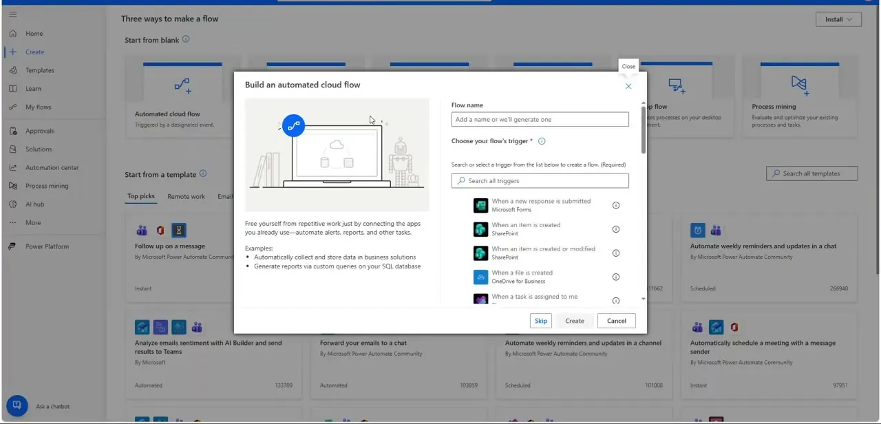 The Build an automated cloud flow dialog, with a searchable list of triggers including SharePoint and OneDrive events.