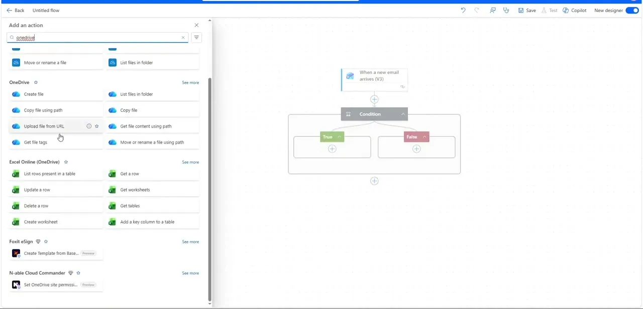 The Add an action panel filtered to OneDrive actions, shown alongside the flow's Condition block with True and False branches ready to receive an action each.