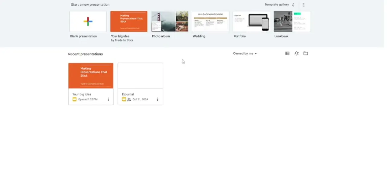The Google Slides home screen, listing recent presentations to open before selecting the content you want to move into Docs.