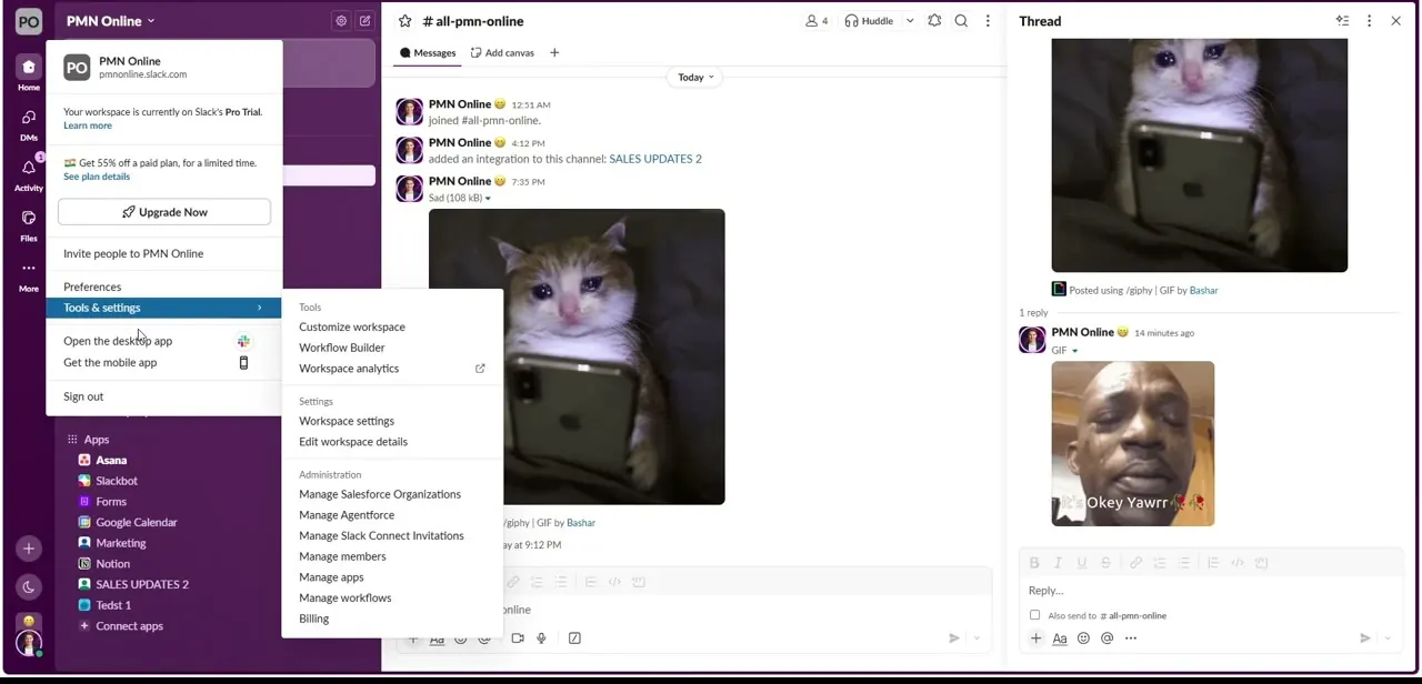 The workspace menu open on Tools & settings, the jumping-off point for reaching Slack's app directory.