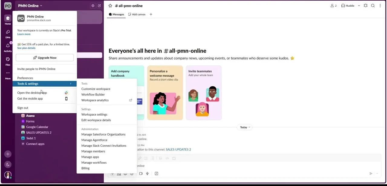 The workspace name menu open in the top-left corner, with Tools & Settings expanded to show workspace-level admin options.
