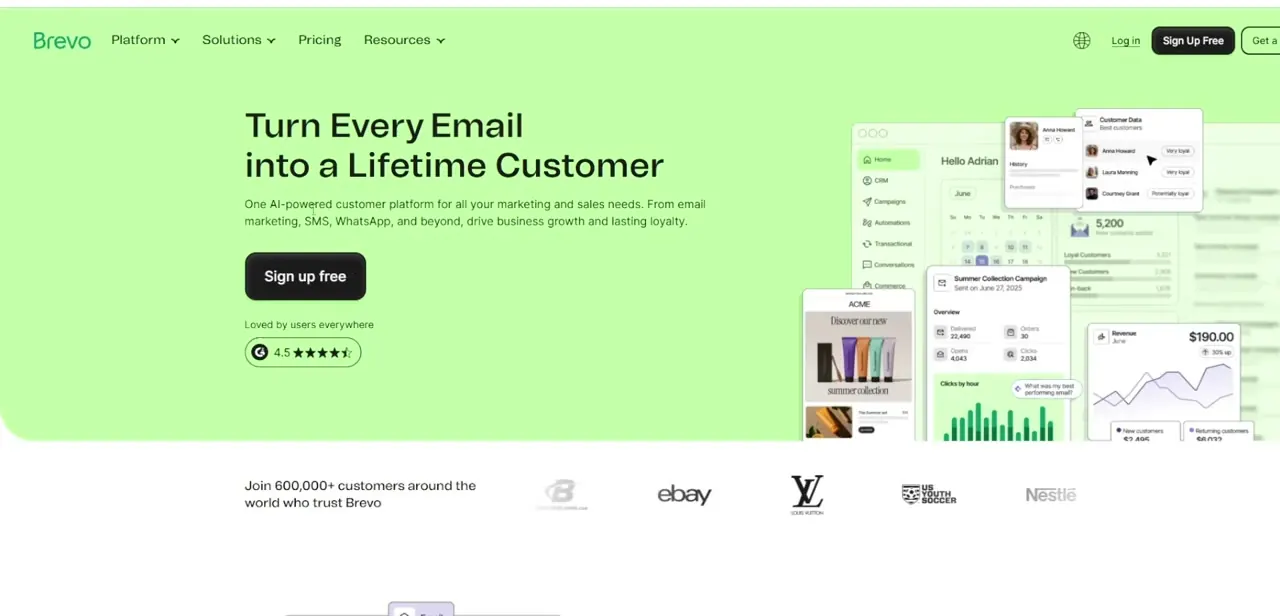 The Brevo homepage, with the Sign Up Free button in the top corner and a preview of the dashboard you'll be setting up next.