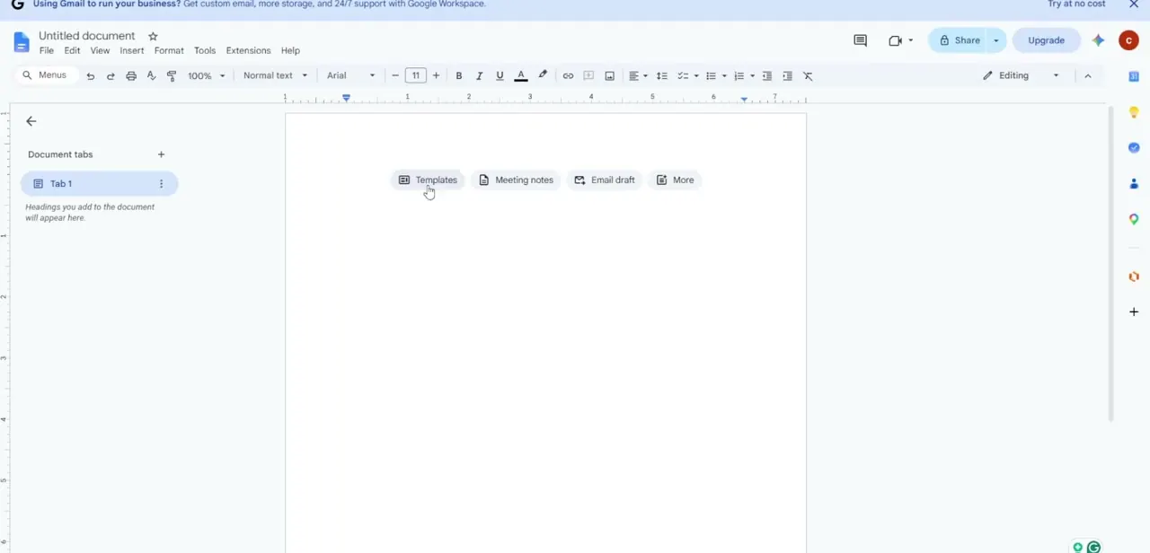 A blank document's quick-start row, offering Templates, Meeting notes, Email draft, and More as pre-formatted starting blocks.