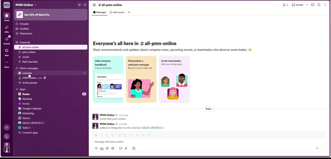 The sidebar's Channels section, listing the rooms you've already joined with an Add channels link for finding more.