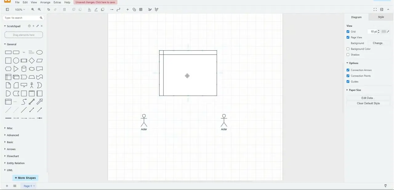 The draw.io editor opened from a Confluence page, showing the shape library on the left and a simple diagram with a rectangle and two actors on the canvas.