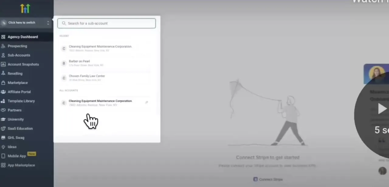 GoHighLevel's sub-account switcher. Agencies managing several client accounts need to land in the correct one before touching domain settings.