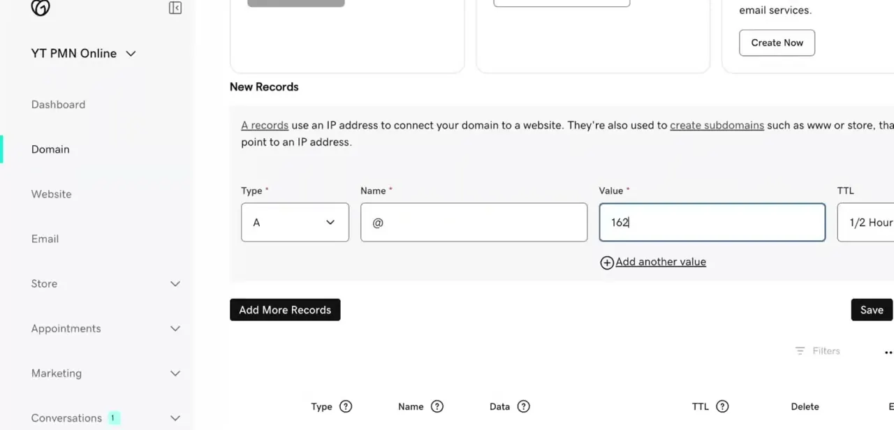 Adding the A record in GoDaddy's DNS editor — type A, name @, and the IP address copied from GoHighLevel's setup panel.