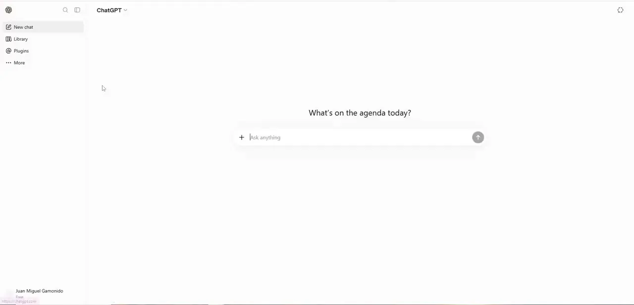 The ChatGPT home screen after signing in. The export option isn't on this page — it's tucked inside account settings, not the chat window itself.