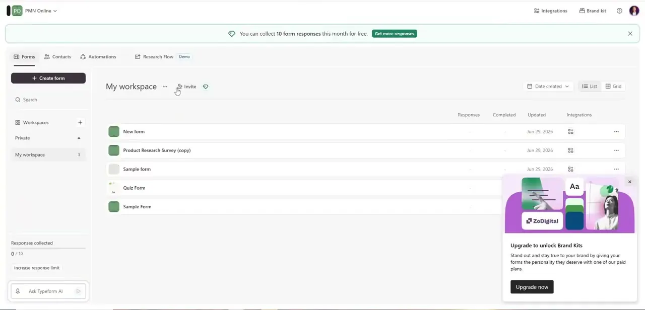 The workspace list of forms, with a Brand Kit upgrade prompt — relevant here because branded previews look more trustworthy once a link starts circulating by email.