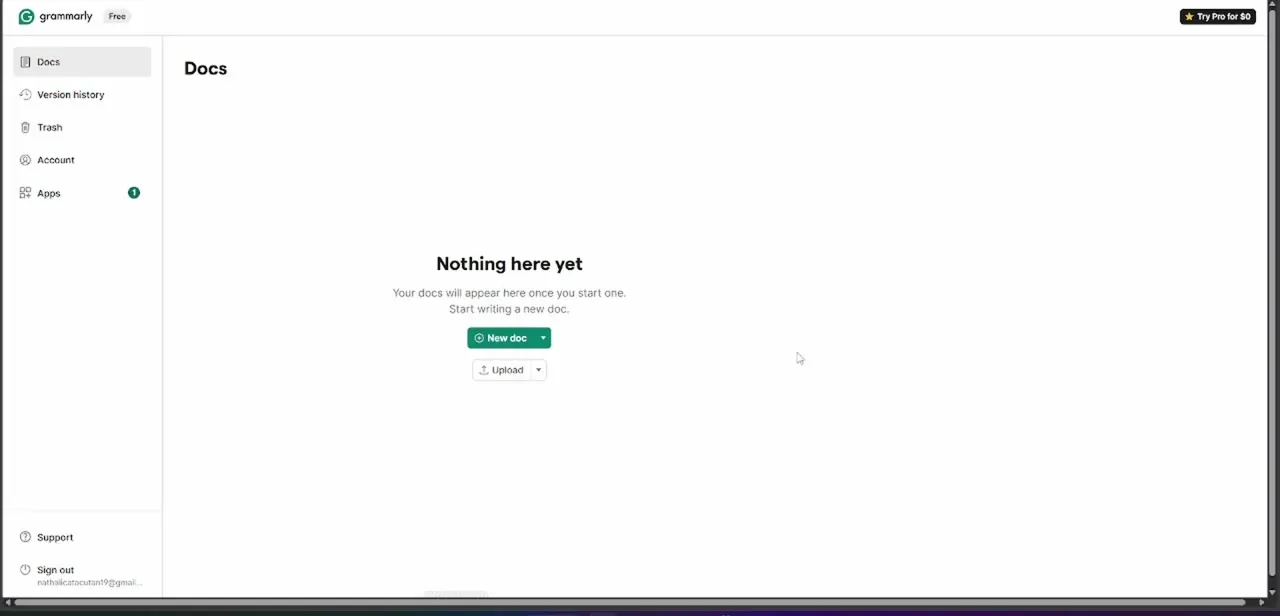 The Grammarly web dashboard, with Docs, Account, and Apps listed in the sidebar — Apps is where connected integrations like the browser extension live.