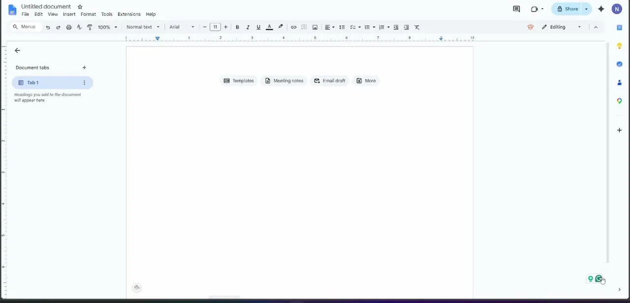 A Google Doc with Grammarly's floating icons in the bottom-right corner, the entry point for pausing suggestions on this document.