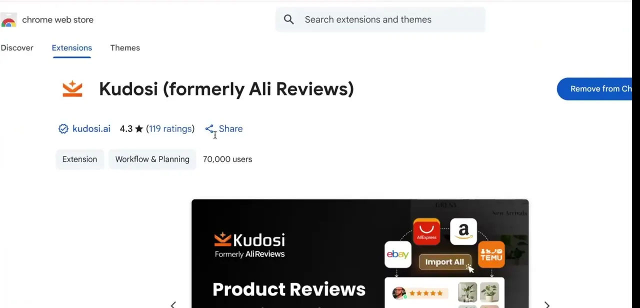 The Kudosi (formerly Ali Reviews) listing in the Chrome Web Store, showing its rating and user count before installing.