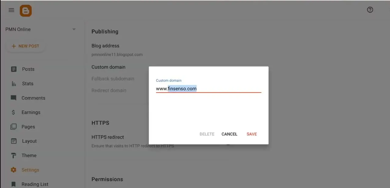 Blogger's Custom domain dialog under Settings → Publishing, with a www subdomain entered before the matching DNS records exist.