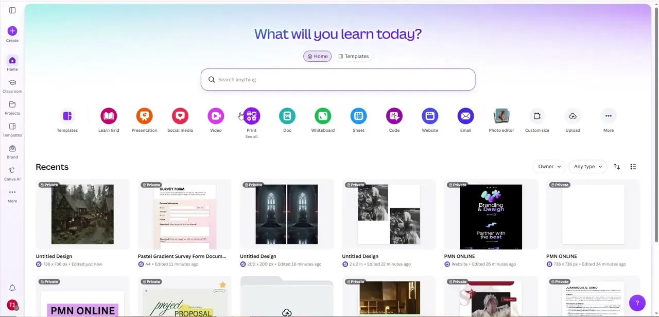 The Canva home dashboard, with recent designs shown below the format shortcuts — the jumping-off point before starting a new sticker design.