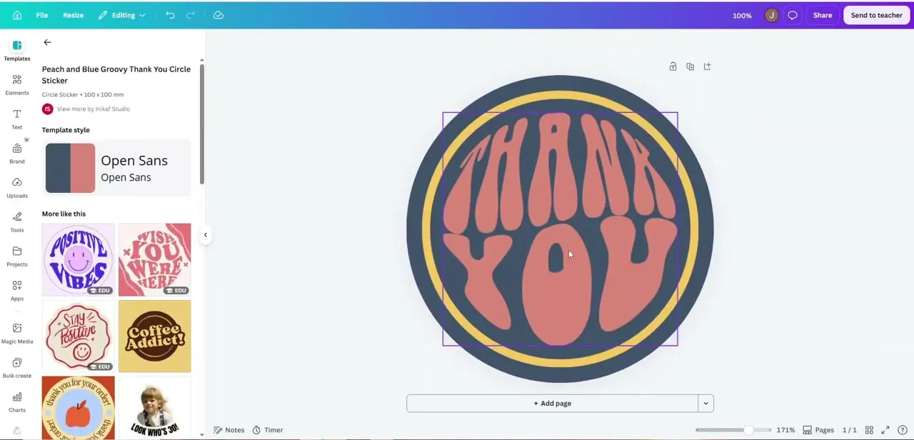 A sticker template's detail view, showing its print size and font pairing alongside similar templates — useful reference points before customizing.