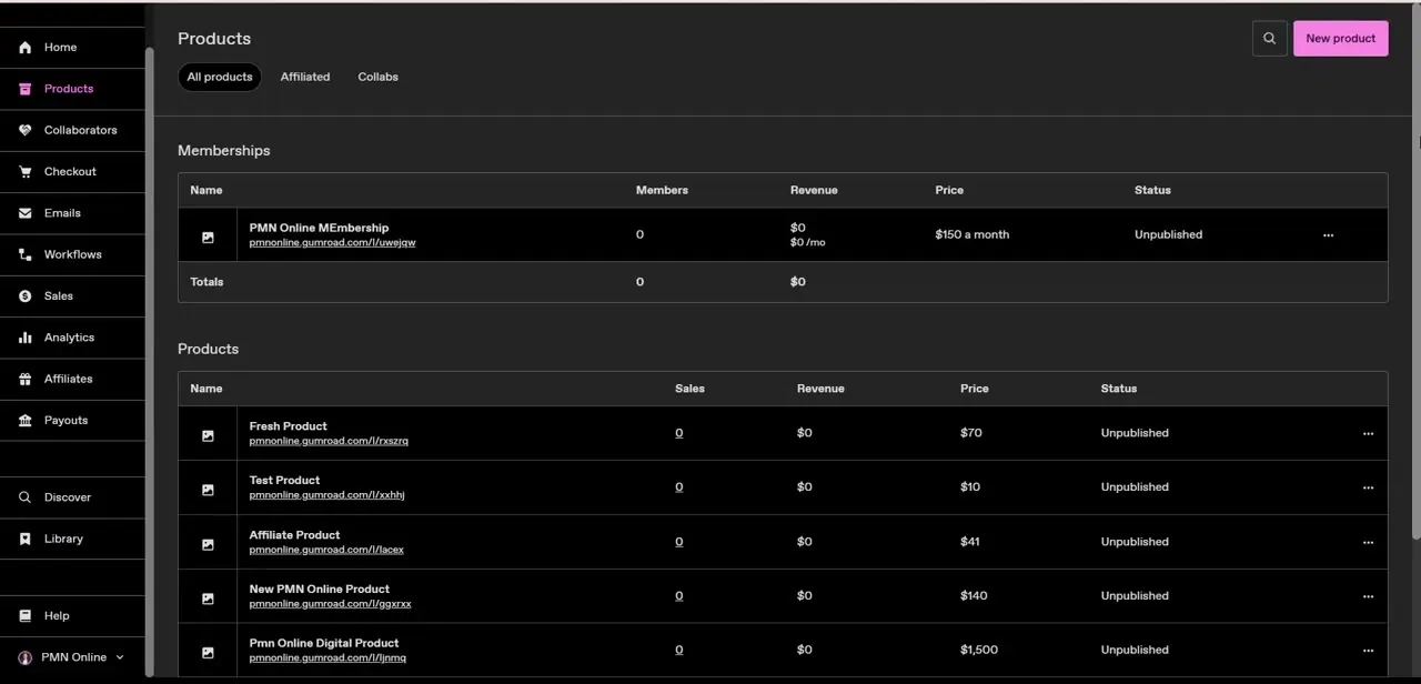 The Products dashboard, listing memberships and products with their sales, revenue, price, and publish status — this is where your course will show up once created.