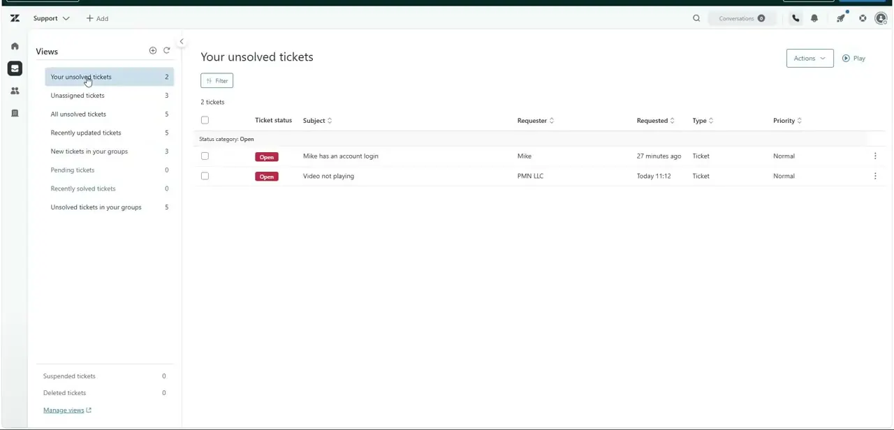 The Your unsolved tickets view, listing open tickets by subject, requester, and priority before you open any of them.
