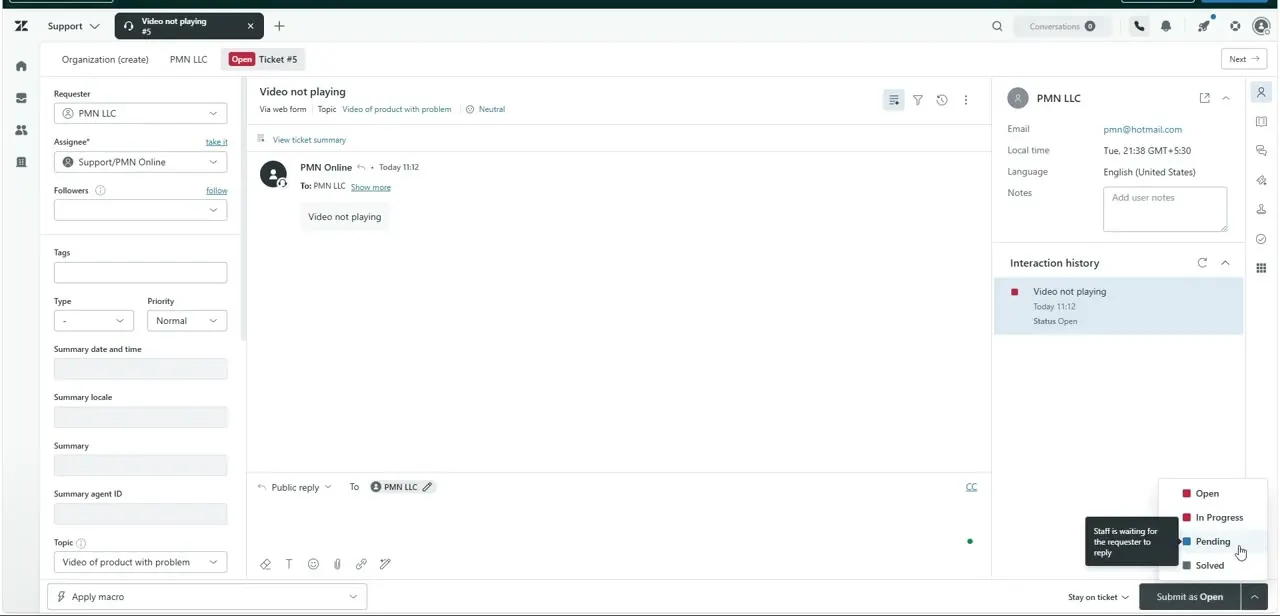 The status dropdown open on a ticket, with Open, In Progress, Pending, and Solved listed and a tooltip explaining what Pending means.