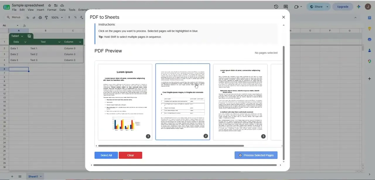 The PDF-to-Sheets dialog with a page-by-page preview. Selected pages are highlighted in blue before you click Process Selected Pages.