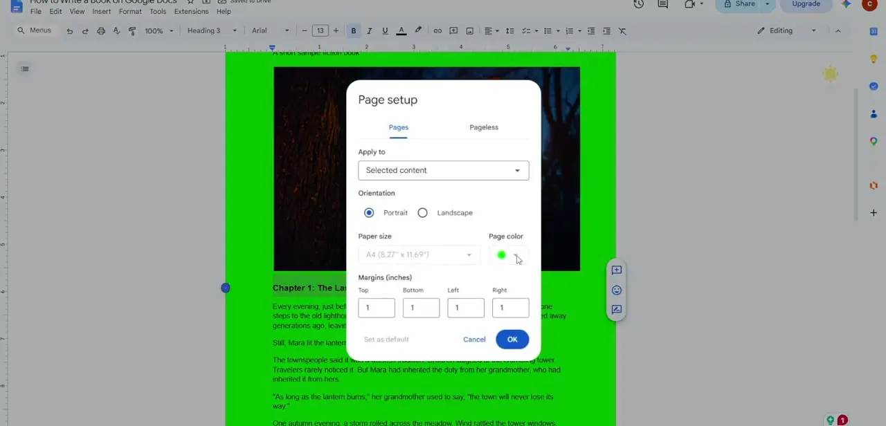 The Page setup dialog, with Apply to set to Selected content, Portrait orientation, A4 paper size, a page color swatch, and 1-inch margins on all four sides.