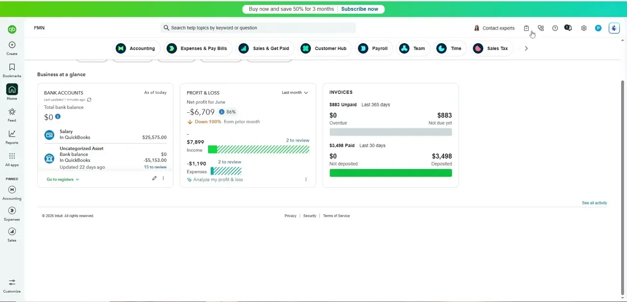 The QuickBooks Online homepage, showing account balances and activity before jumping into a new journal entry.