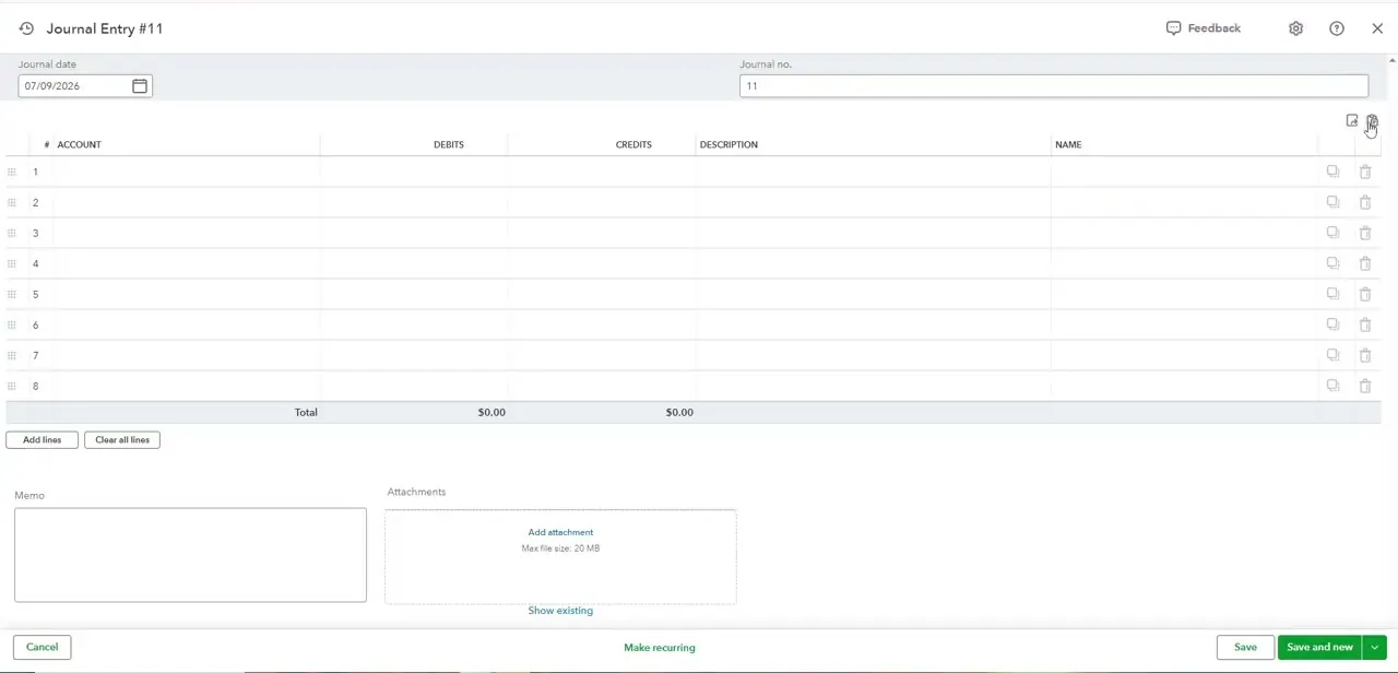 A blank Journal Entry grid with Account, Debits, Credits, Description, and Name columns, and the paste-from-Excel icon above the table.