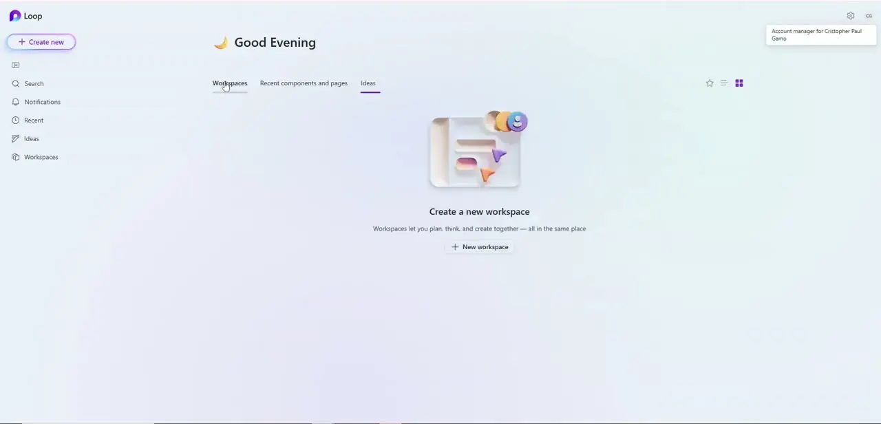 The Loop home screen, with tabs for Workspaces, recent components, and Ideas — the starting point before you open a specific page to comment on.