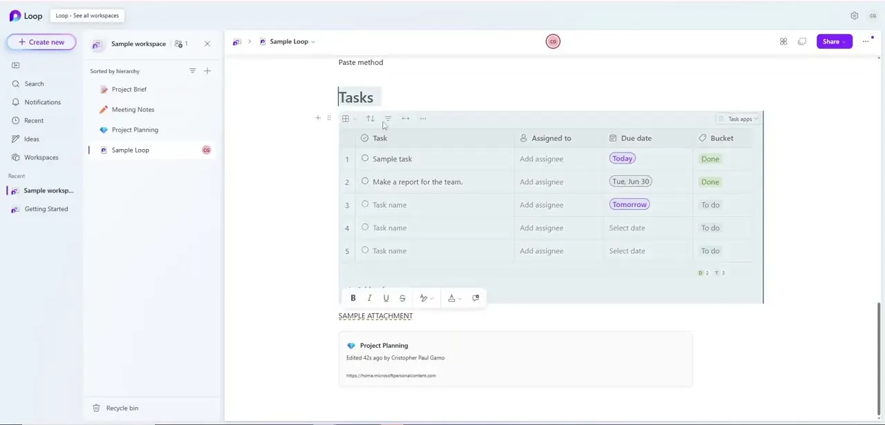 A Sample Loop page with a live Tasks table — the kind of component you can attach a comment to directly, rather than commenting on the page in general.