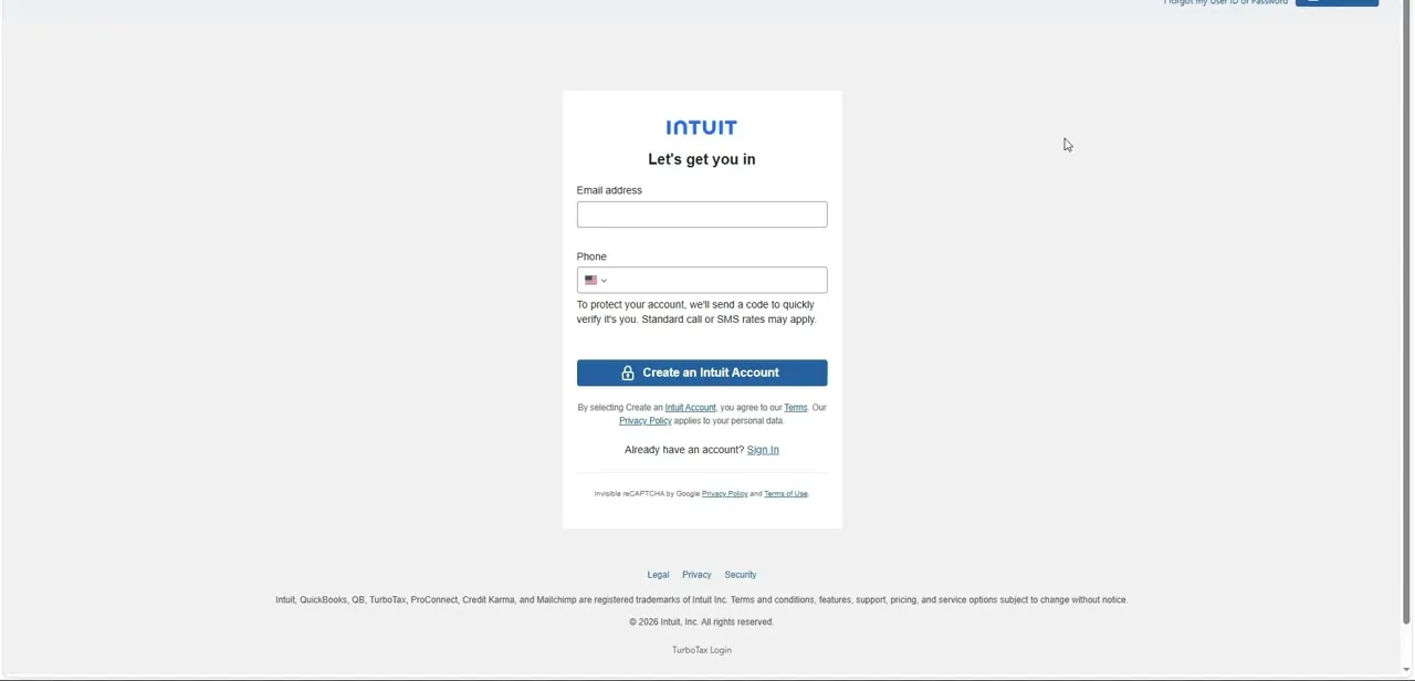 The Intuit Account sign-in screen, asking for an email address and phone number before creating or accessing an account.